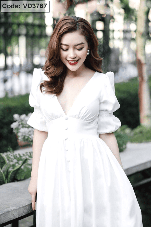 Đầm xòe màu trắng nút cổ chữ V - Kho Hàng Sỉ ANN