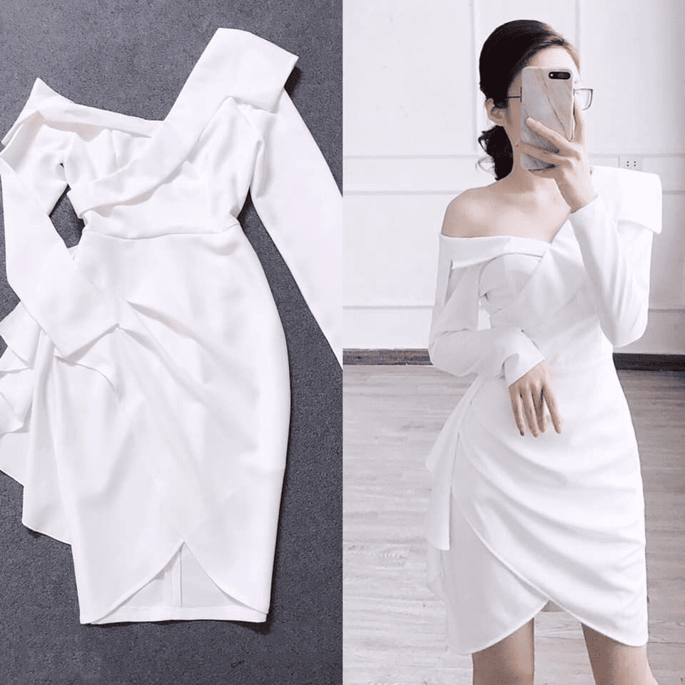 Đầm xoè kiểu lệch vai nhún eo sang trọng (Đen) | AlvinStore.Vn