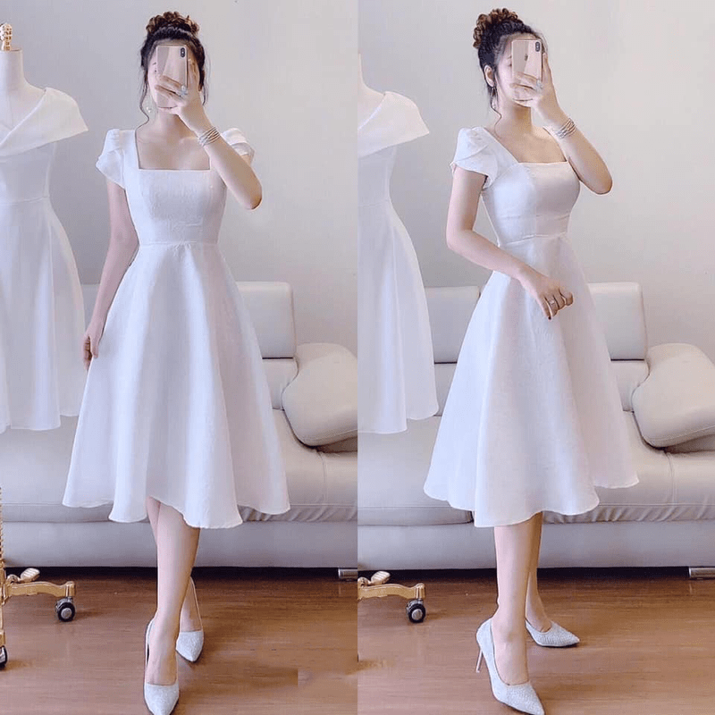 Cho thuê váy trắng xòe nơ chéo vai MEO STORE – Hizu Dress Up