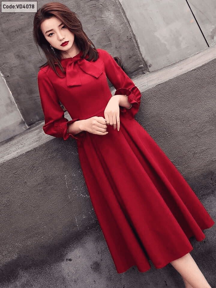 Set váy đỏ áo dài tay nơ cột eo form váy dài sang trọng