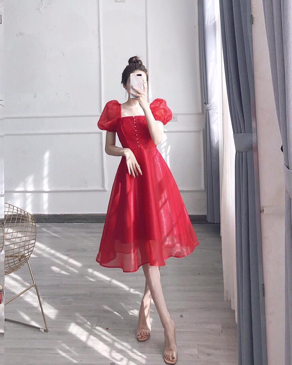 Đầm nhung đỏ xòe tay phối lưới bi - Kho Hàng Sỉ ANN