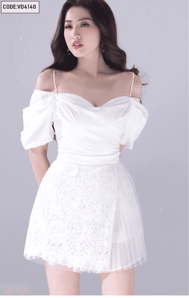 Đầm dạ hội cao cấp trễ vai màu trắng sang trọng