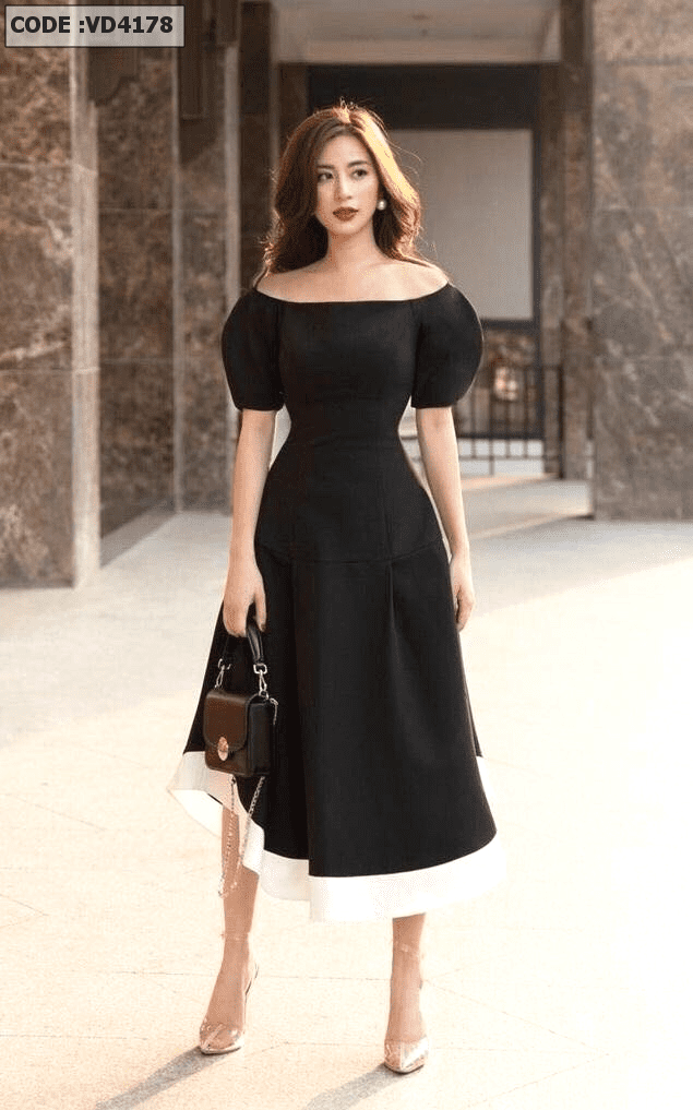 Cho thuê váy đen ngắn cầu vai trắng CHATS – Hizu Dress Up