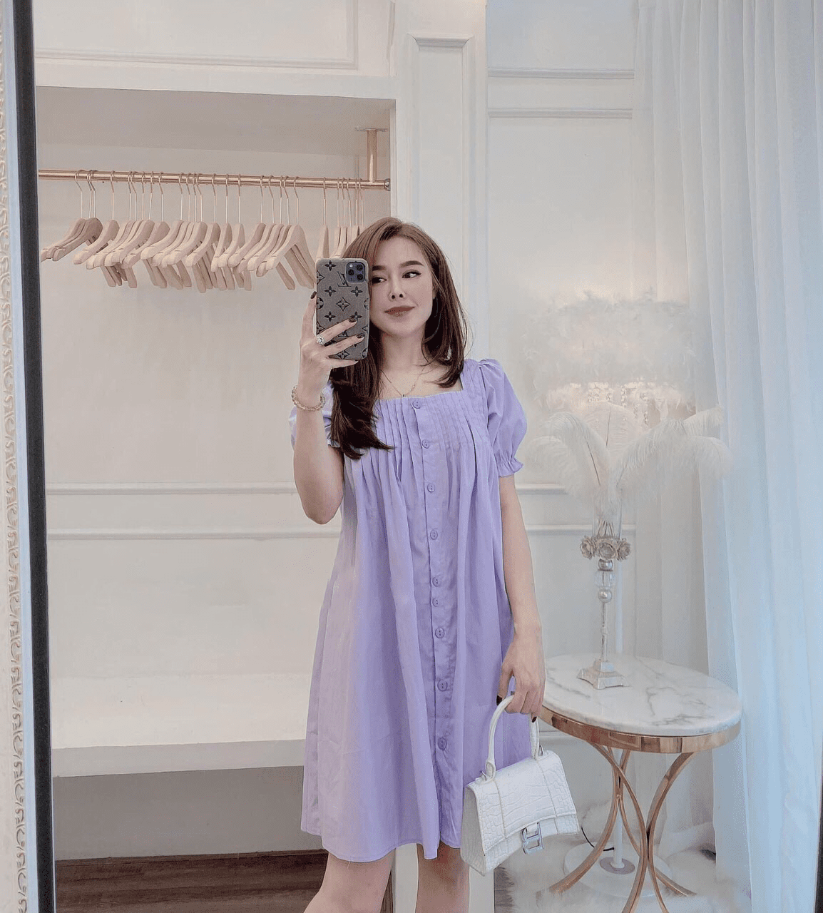 Đầm suông tay loe viền bèo màu tím hoa cà - D794