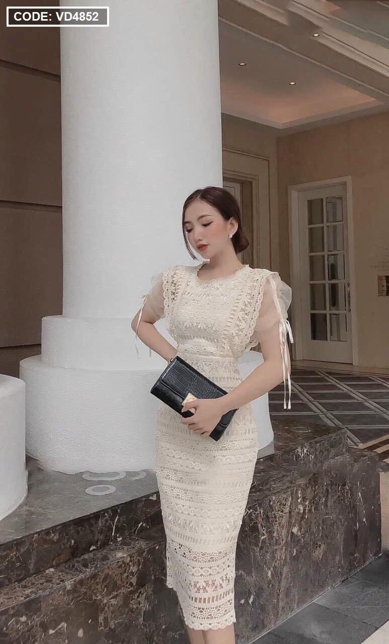Váy Ren Nữ Cổ Tròn Phối Voan Tay Bồng, Đầm Dự Tiệc Cao Cấp 2 Màu Trắng, Kem  MELODY - Tìm Voucher
