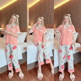 Đồ bộ nữ pijama tay ngắn quần dài vải latin - DB0390