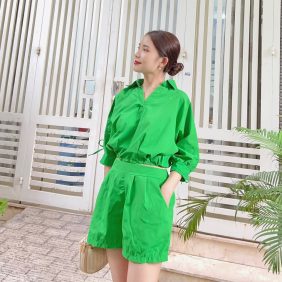 Set bộ nữ áo sơ mi croptop quần đùi - DB0495