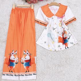 Đồ bộ pijama nữ quần dài in 3d áo cổ bèo - DBO1036