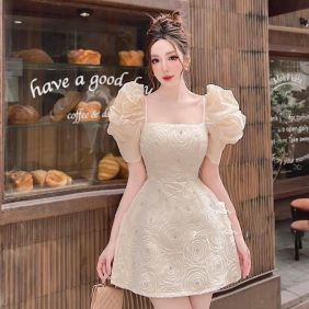 Đầm ren lưới màu kem nhụy đá tay vải tơ - VD5818