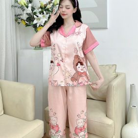 Đồ bộ lửng pijama áo cổ bẻ tay ngắn họa tiết - DBO1604