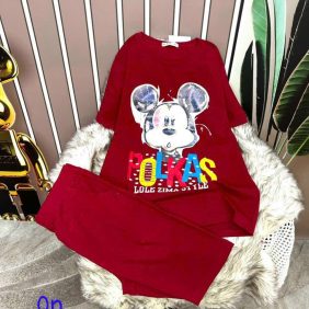 Đồ bộ lửng áo tay ngắn màu trơn in hình chuột mickey - DBO2469