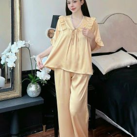 Đồ bộ quần dài pijama áo tay ngắn cổ v màu trơn - DBO3319