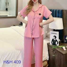 Đồ bộ quần dài pijama áo tay ngắn cổ bẻ màu trơn - DBO3370