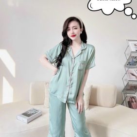 Đồ bộ quần lửng pijama áo tay ngắn cổ bẻ màu trơn - DBO3484