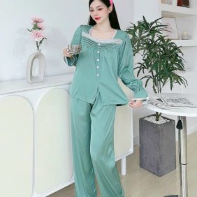 Đồ bộ quần dài áo tay dài cổ vuông phối ren màu trơn - DBO3689