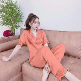 Đồ bộ quần dài pijama áo tay ngắn cổ bẻ màu trơn - DBO3966