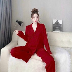 Đồ bộ pijama quần dài áo tay dài cổ bẻ màu trơn - DBO3967