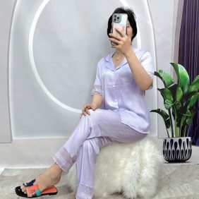 Đồ bộ pijama quần dài áo tay ngắn cổ bẻ màu trơn - DBO4013