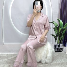 Đồ bộ pijama quần dài viền ren áo tay ngắn màu trơn - DBO4181