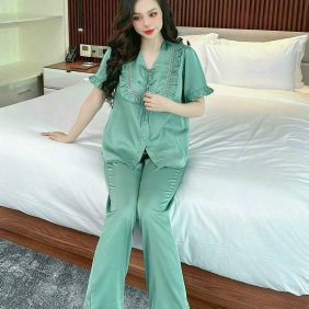 Đồ bộ quần dài áo tay ngắn bèo cổ vuông bèo màu trơn - DBO4229