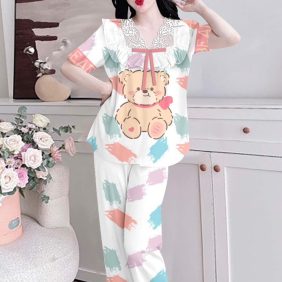 Đồ bộ satin mềm mịn quần dài tay ngắn cổ viền ren in hình - DBO4247