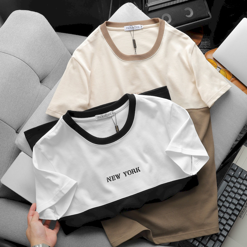 Shop sỉ áo Thun Nam Cổ Tròn Pack Horse Thêu Chữ New York Phối Hai Màu