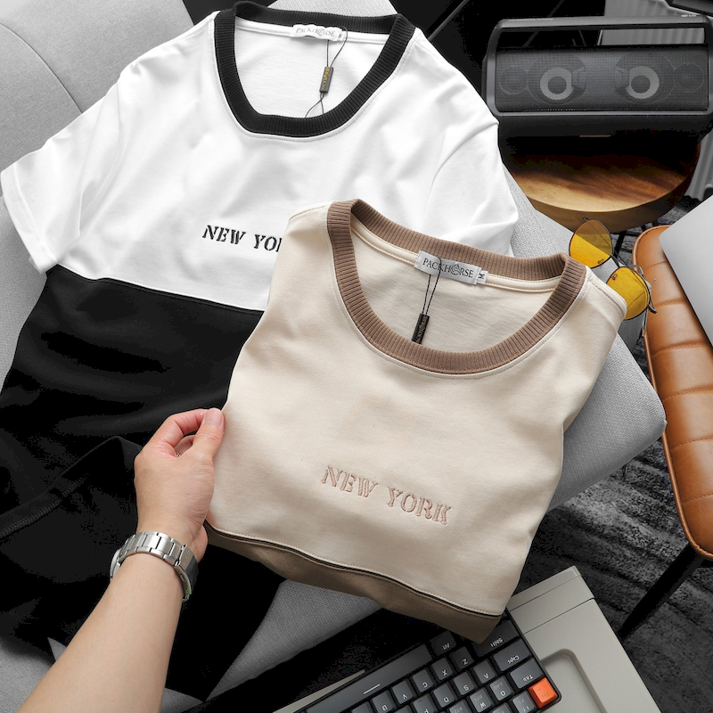 Shop sỉ áo Thun Nam Cổ Tròn Pack Horse Thêu Chữ New York Phối Hai Màu