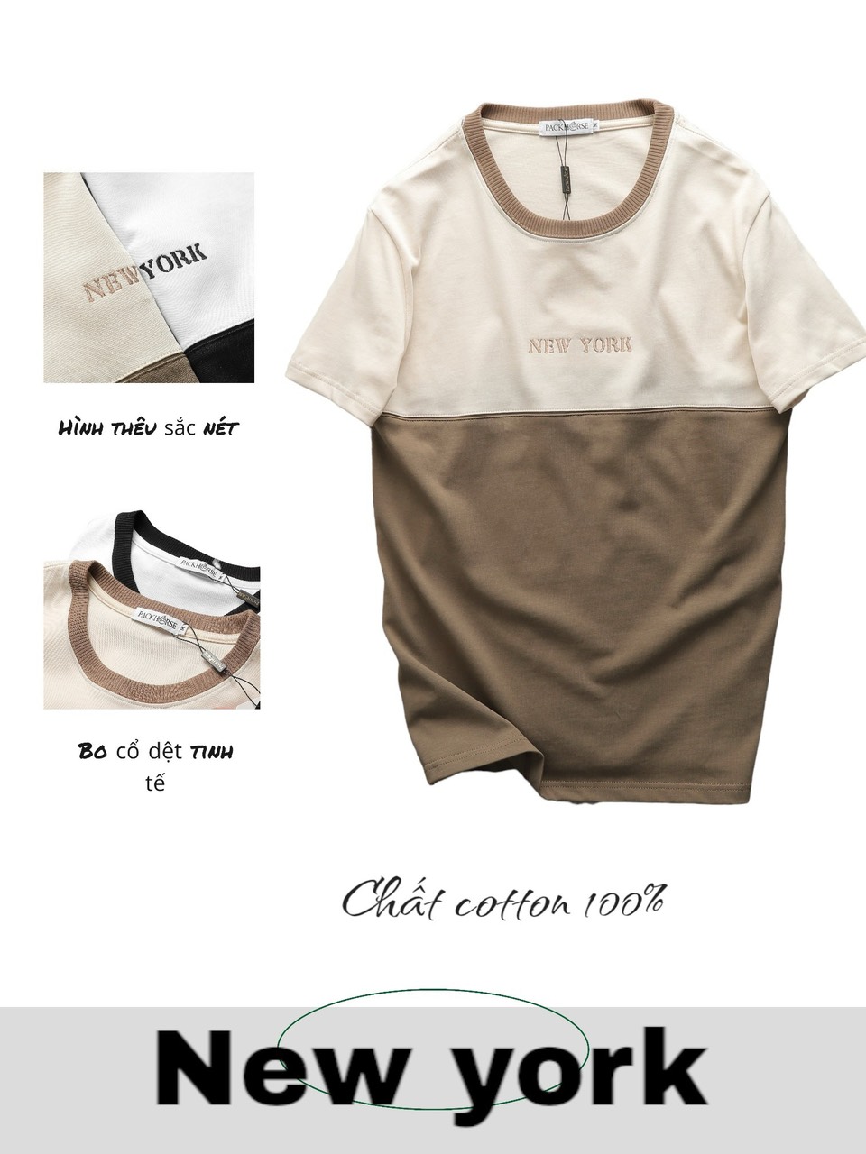 Shop sỉ áo Thun Nam Cổ Tròn Pack Horse Thêu Chữ New York Phối Hai Màu