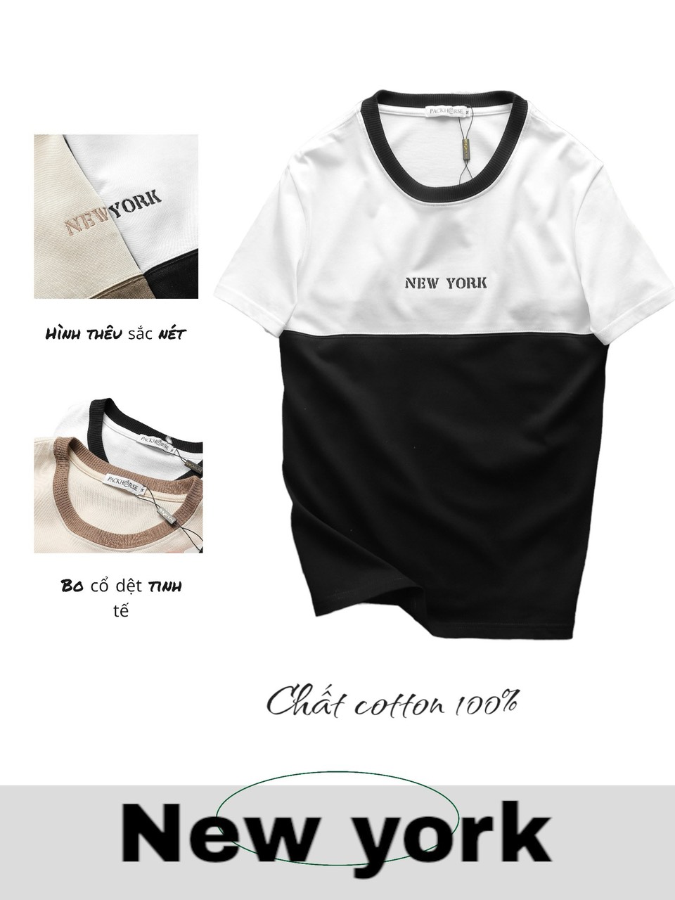 Shop sỉ áo Thun Nam Cổ Tròn Pack Horse Thêu Chữ New York Phối Hai Màu