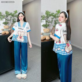 Đồ bộ pijama latin mặc nhà quần dài áo tay ngắn cổ chữ v in hình - DBO4402