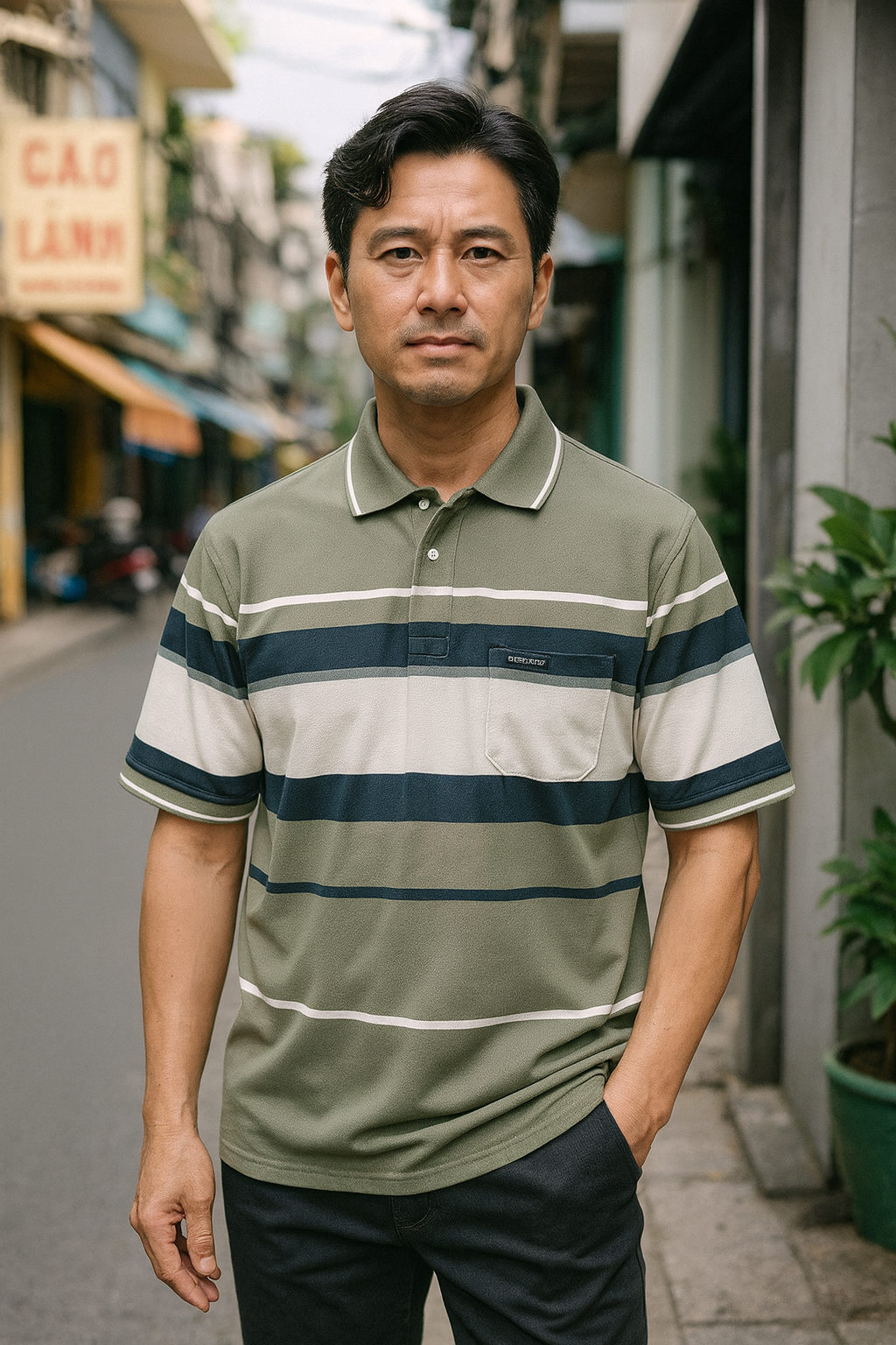 Áo Thun Sọc Nam Trung Niên Cổ Bẻ Có Túi Thun Cotton Cao Cấp (Có size 3x)