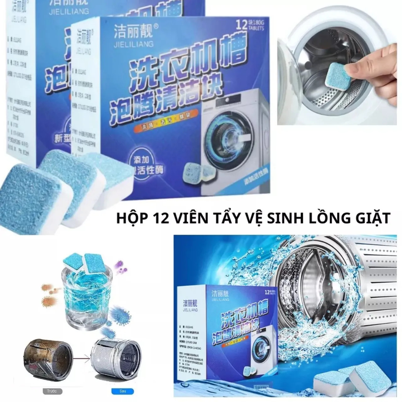 Combo 3 Hộp 12 Viên Tẩy Lồng Máy Giặt - Viên Vệ Sinh Lồng Giặt Tẩy Sạch Cặn Bẩn Vi Khuẩn Gây Mùi 9x8x5cm Combo 3 Hộp 12 Viên Tẩy Lồng Máy Giặt - Viên Vệ Sinh Lồng Giặt Tẩy Sạch Cặn Bẩn Vi Khuẩn Gây Mùi 9x8x5cm
