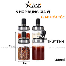 Combo 5 Hũ Đựng Gia Vị Bằng Thuỷ Tinh - Lọ Đựng Gia Vị Thuỷ Tinh Có Nắp Đậy Kèm Thìa Nhà Bếp 13x5cm - CBLOGIAVI01