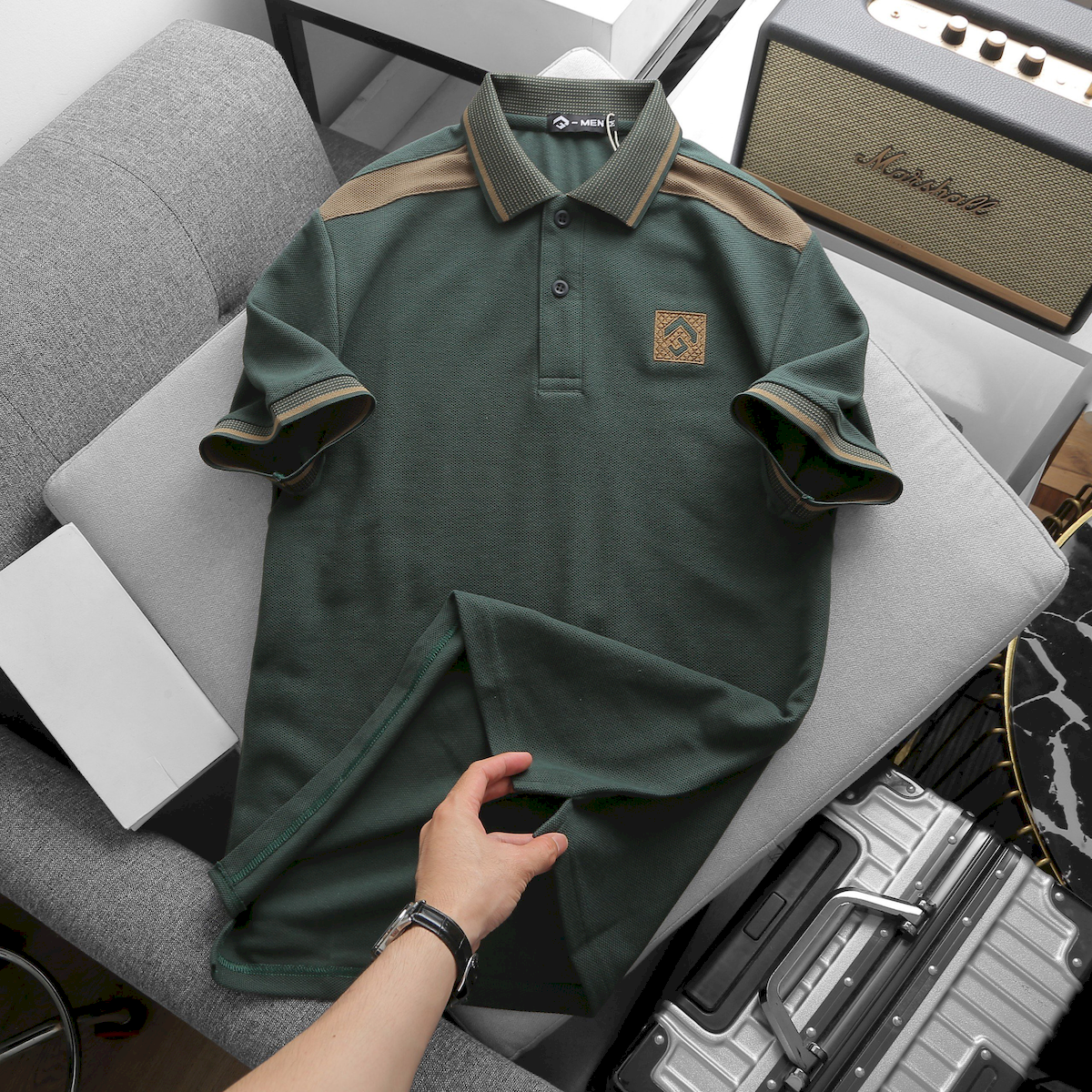 Áo Thun Nam Cổ Bẻ Thêu Nổi Logo Lục Giác (Có size 3x)