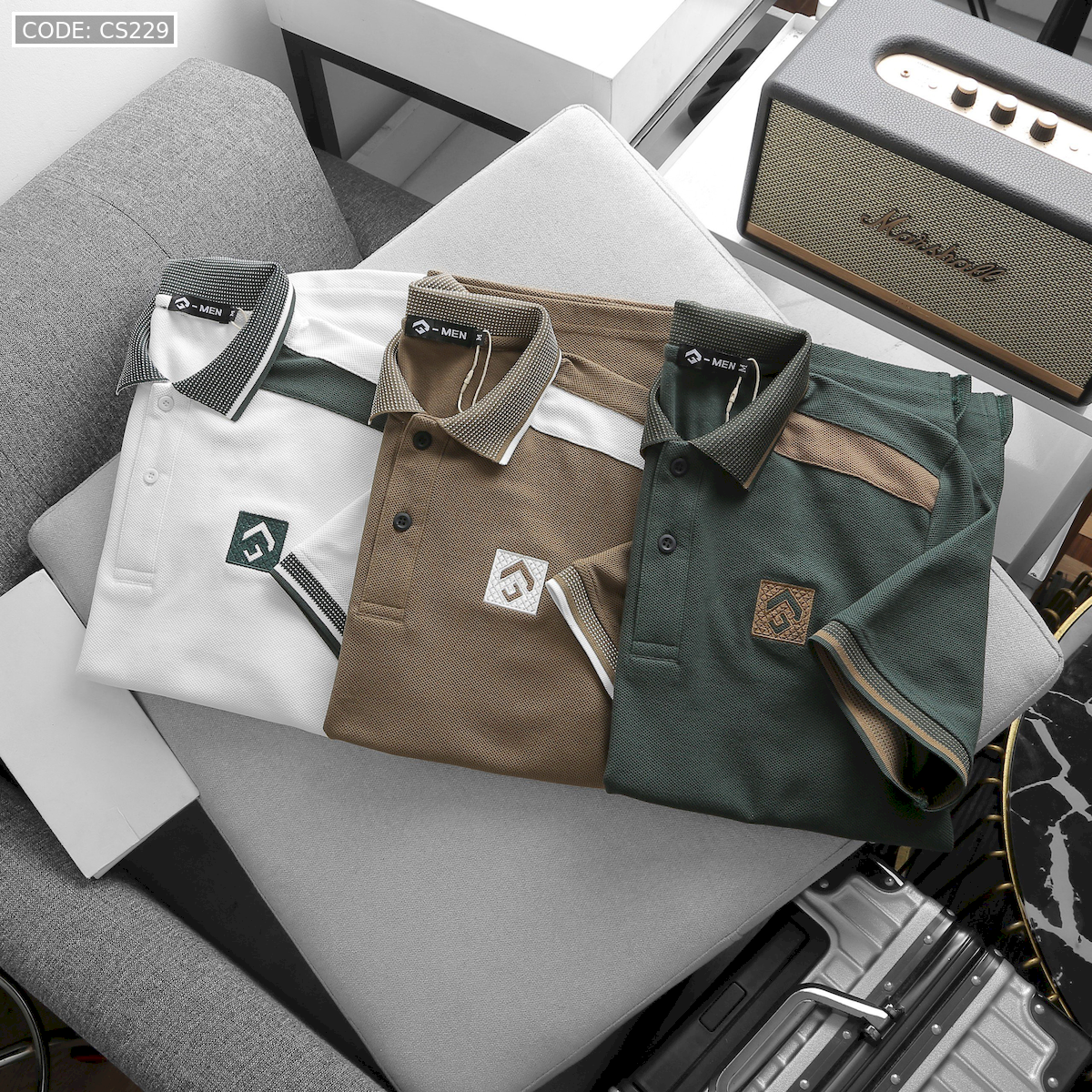 Áo Thun Nam Cổ Bẻ Thêu Nổi Logo Lục Giác (Có size 3x)