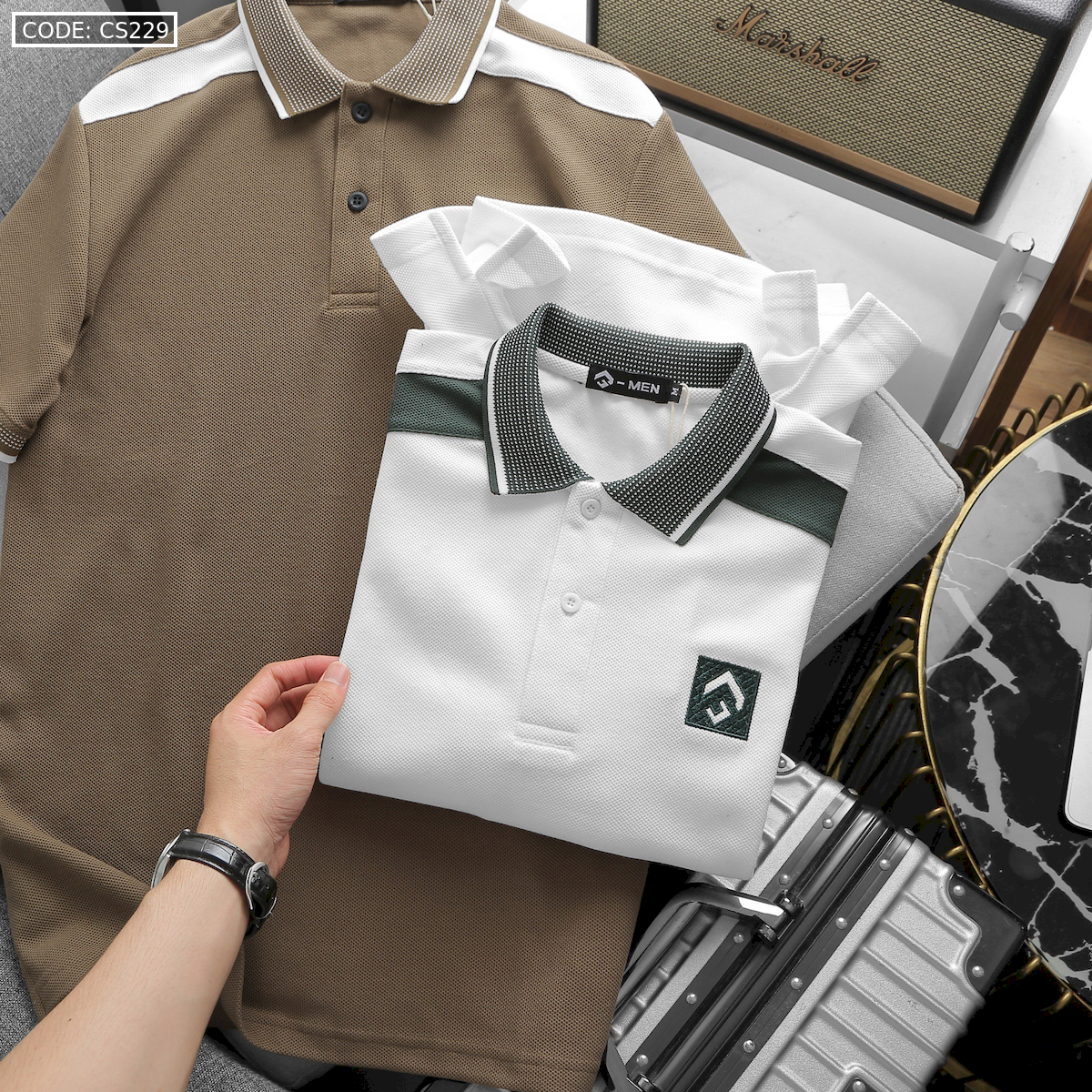 Áo Thun Nam Cổ Bẻ Thêu Nổi Logo Lục Giác (Có size 3x)