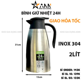 Bình Giữ Nhiệt Inox - Bình Đựng Nước Dung Tích Lớn 2L 31x15cm - BGN2L