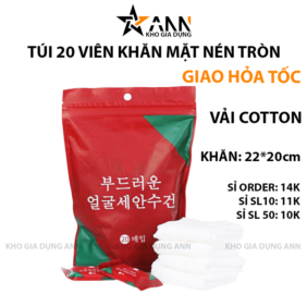 Túi 20 Khăn Mặt Nén Dạng Viên - Khăn Mặt Cotton Dùng 1 Lần Túi 17x14 Cm - KMNT01