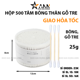 Hộp 500 Tăm Bông Ngoáy Tai - Tăm Bông Thân Gỗ 2 Đầu Bông Mềm Mại 8x12cm - TBTG500