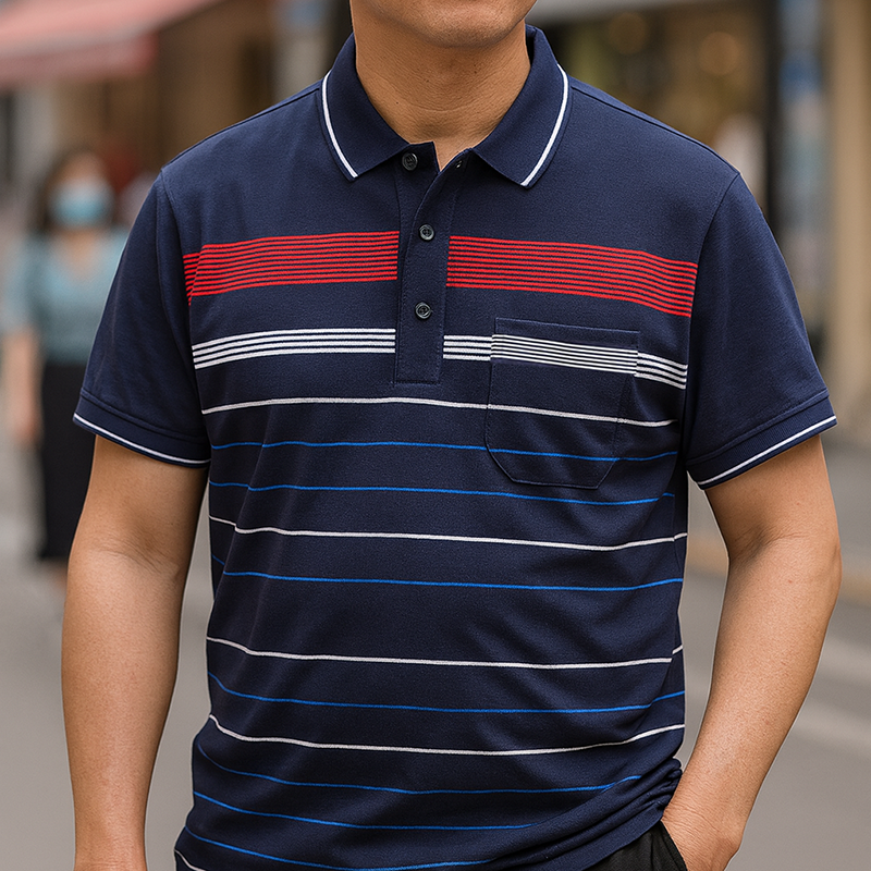 Áo Thun Nam Cổ Bẻ Có Túi Hoạ Tiết Sọc Ngang In Dẻo (Có size 3x)