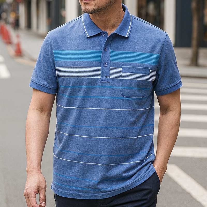 Áo Thun Nam Cổ Bẻ Có Túi Hoạ Tiết Sọc Ngang In Dẻo (Có size 3x)