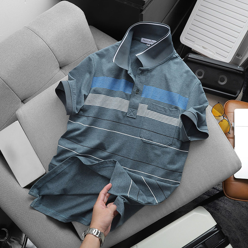 Áo Thun Nam Cổ Bẻ Có Túi Hoạ Tiết Sọc Ngang In Dẻo (Có size 3x)