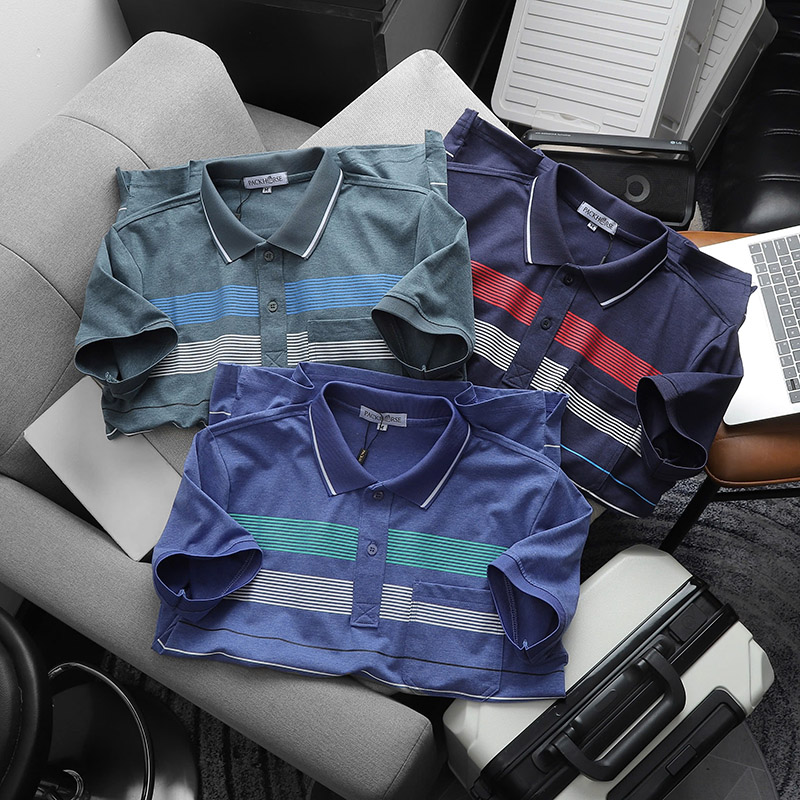 Áo Thun Nam Cổ Bẻ Có Túi Hoạ Tiết Sọc Ngang In Dẻo (Có size 3x)