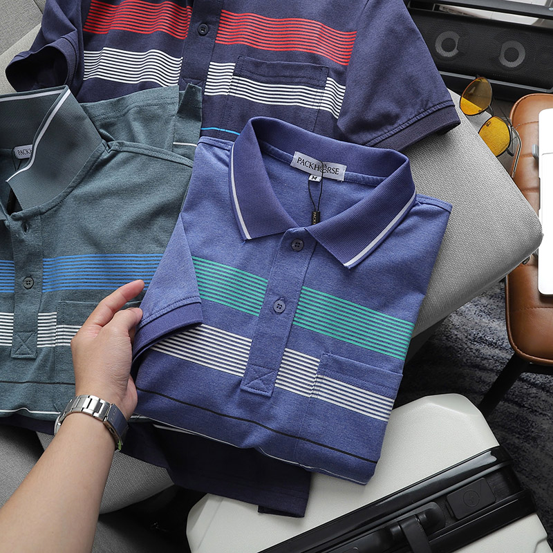 Áo Thun Nam Cổ Bẻ Có Túi Hoạ Tiết Sọc Ngang In Dẻo (Có size 3x)