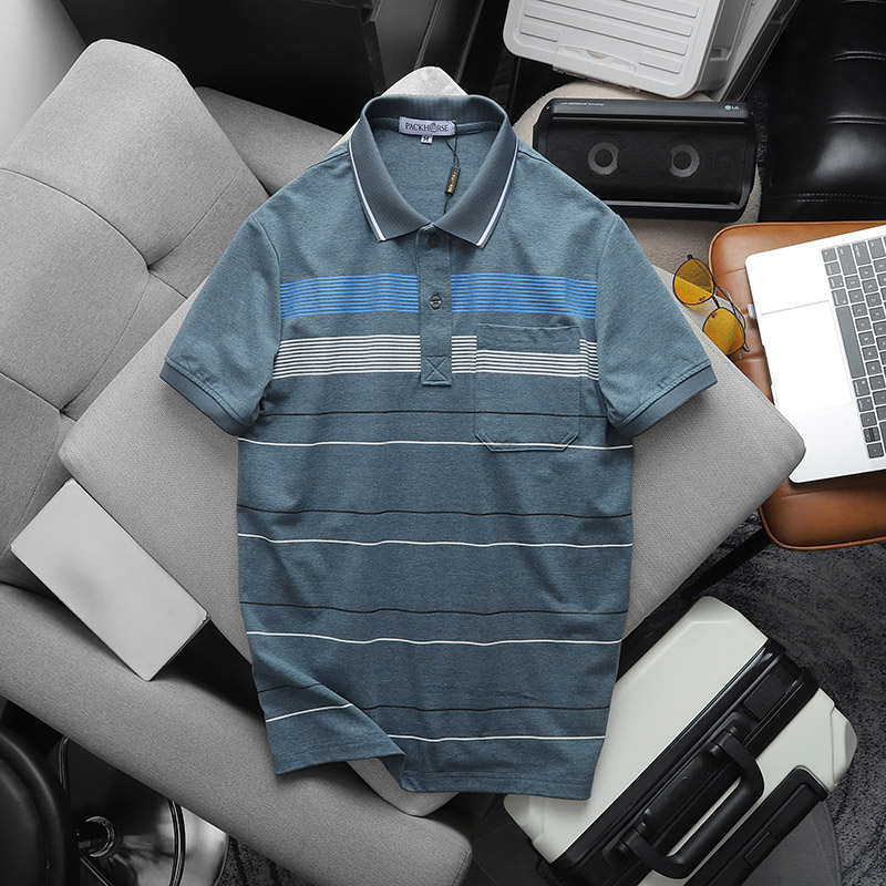 Áo Thun Nam Cổ Bẻ Có Túi Hoạ Tiết Sọc Ngang In Dẻo (Có size 3x)