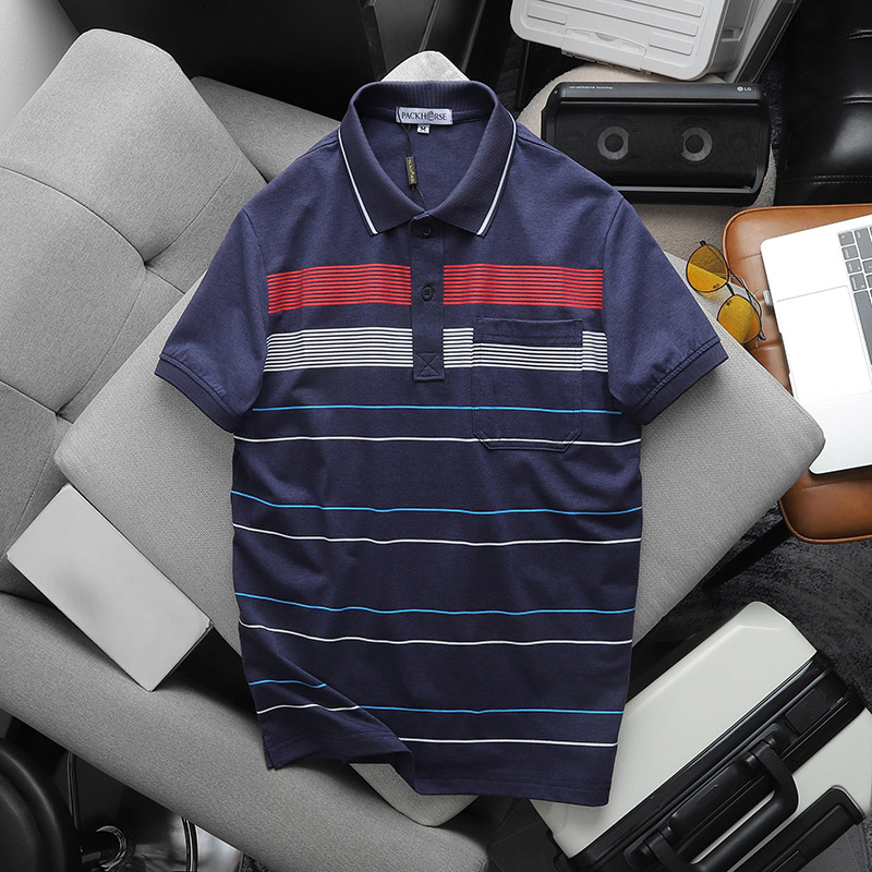 Áo Thun Nam Cổ Bẻ Có Túi Hoạ Tiết Sọc Ngang In Dẻo (Có size 3x)