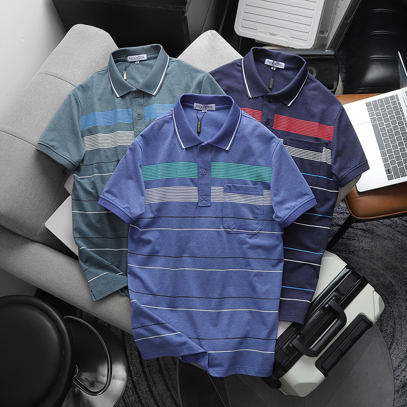 Áo Thun Nam Cổ Bẻ Có Túi Hoạ Tiết Sọc Ngang In Dẻo (Có size 3x)