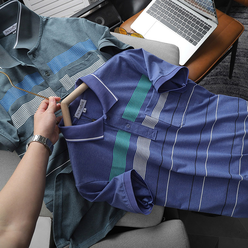 Áo Thun Nam Cổ Bẻ Có Túi Hoạ Tiết Sọc Ngang In Dẻo (Có size 3x)