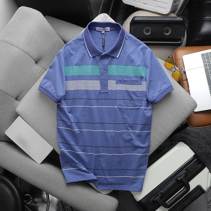 Áo Thun Nam Cổ Bẻ Có Túi Hoạ Tiết Sọc Ngang In Dẻo (Có size 3x)