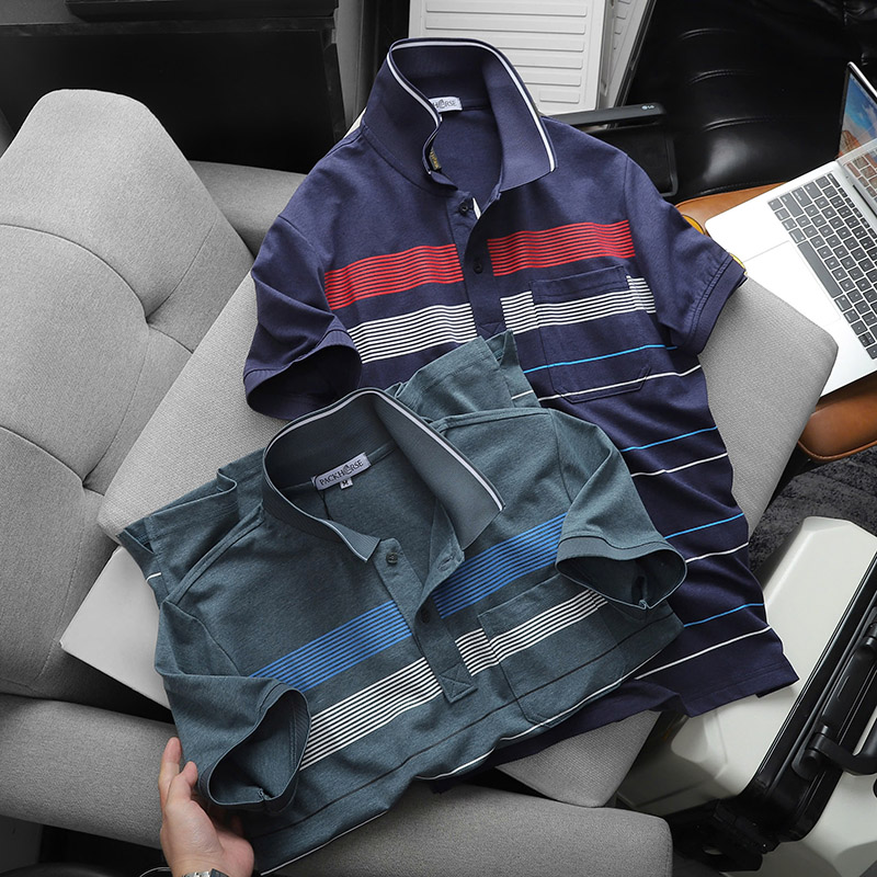 Áo Thun Nam Cổ Bẻ Có Túi Hoạ Tiết Sọc Ngang In Dẻo (Có size 3x)